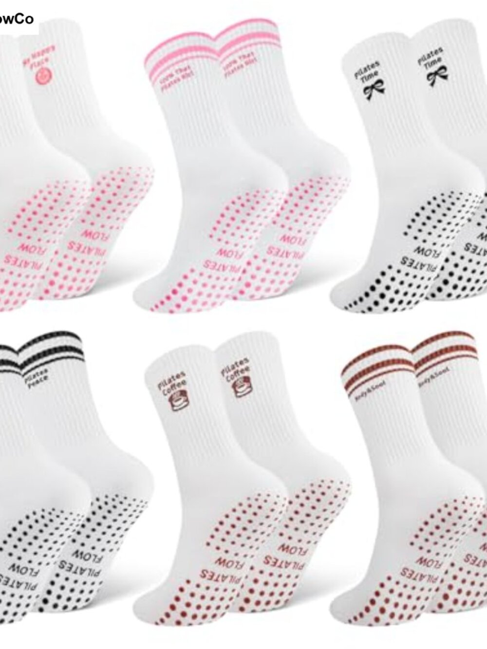 6 Pair Pilates Socks Women Non-Slip Grip Cotton Crew Yoga Barre